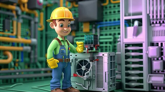 An AC filter-wielding animated repairman is ideal for personalization in digital media.