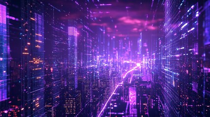 Obraz premium Creative glowing purple night city wallpaper with digital data lines all over. Smart city, VR, AI and innovation concept. generative ai
