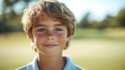 energetic young caucasian boy smiling and looking at the camera during his golf training lesson on a beautiful golf course, showcasing his passion and love for the sport