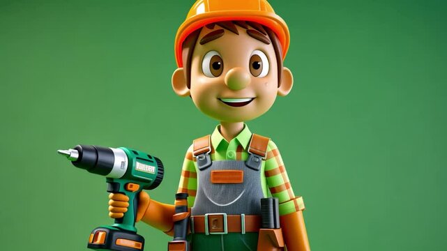 Animated handyman figure with a drill, standing on a bright green screen, perfect for video editing and graphic design.