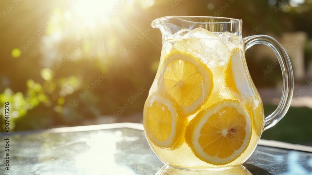 Aufkleber A refreshing pitcher of homemade lemonade with ice cubes and lemon slices floating, placed on a glass table with a sunny outdoor background.