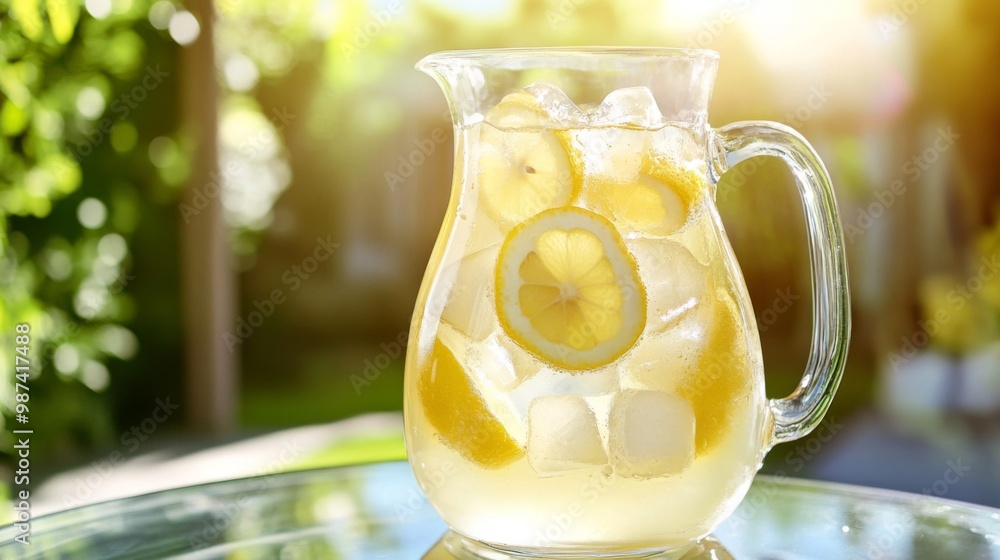 Poster A refreshing pitcher of homemade lemonade with ice cubes and lemon slices floating, placed on a glass table with a sunny outdoor background.