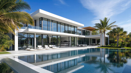 Fototapeta premium Modern two-story villa with white exterior walls, glass windows, and a swimming pool in front of the house. 