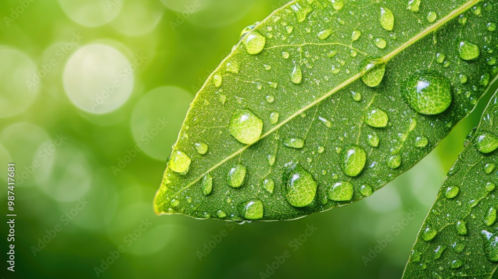 Poster top view of a leaf with multiple water droplets, with the top half of the image blurred and open for