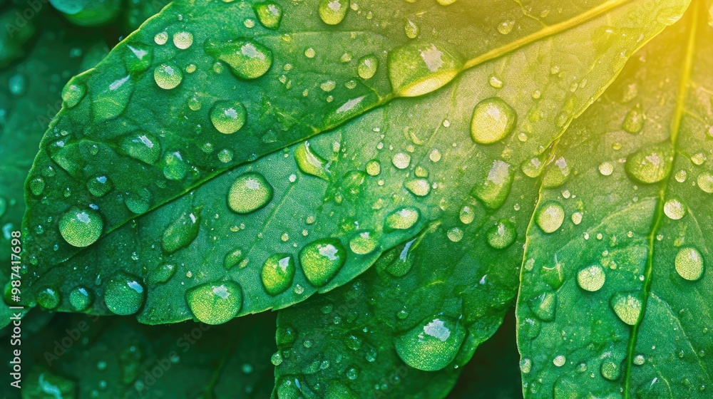 Poster top view of a leaf with multiple water droplets, with the top half of the image blurred and open for