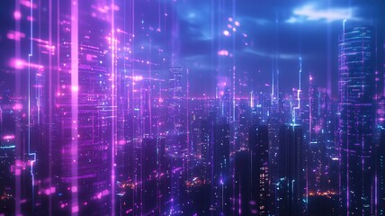 Obraz premium Creative glowing purple night city wallpaper with digital data lines all over. Smart city, VR, AI and innovation concept. generative ai