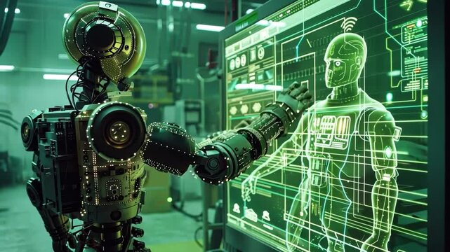 An engineer in a robotic factory, utilizing computer technology to program robots, with dynamic HUD graphics overlaying the workspace. a green screen background.