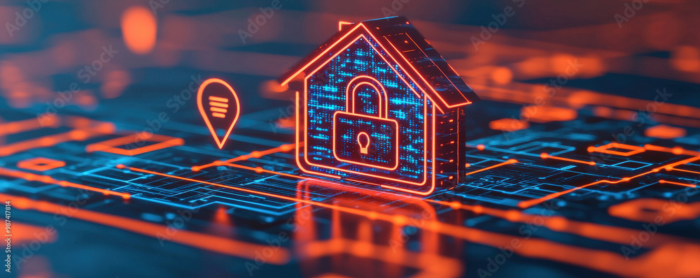 Poster digital representation of secure home with lock symbol, emphasizing smart home security and data pri