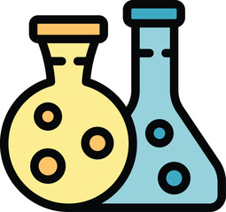 Illustration featuring two laboratory flasks, one round bottomed and one conical, both containing colorful, bubbling solutions