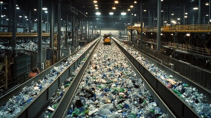 Obraz premium A recycling facility processing plastic waste, illustrating the importance of recycling in reducing pollution and conserving resources