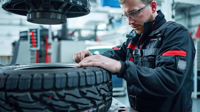A tire changer checks the tread on a brand-new tire in a service center to make sure it satisfies safety requirements and is prepared for use in the vehicle industry.