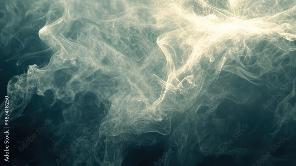 Poster abstract patterns of smoke dancing in the air, illuminated by soft lighting, creating a visually cap