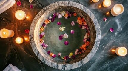 Top view of a luxurious marble bath pot filled with water, scattered flower petals, and candles surrounding the edge, creating a romantic atmosphere. -