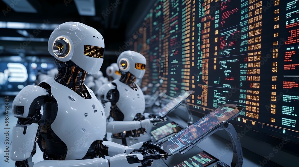 Poster holographic trading floor with robots analyzing real time data in an advanced automated financial ma