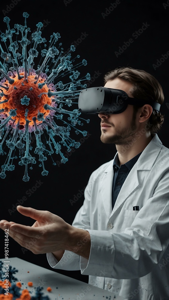 Poster scientist with vr goggles interacting with a 3d virus model.