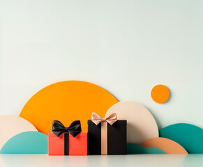 Modern gift boxes with ribbons against a colorful geometric background, offering ample space for text.