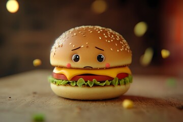 3d illustration of a cute burger with face	