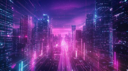 Obraz premium Creative glowing purple night city wallpaper with digital data lines all over. Smart city, VR, AI and innovation concept. generative ai