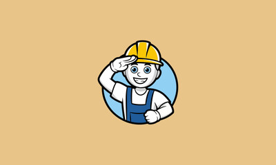 Smiling construction worker saluting vector logo.