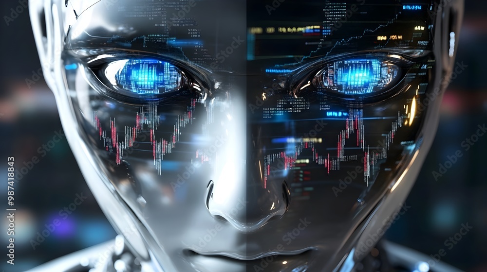 Poster innovative abstract image depicting a robot face with market charts and financial data reflected in 
