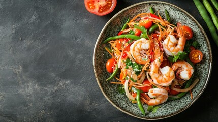 Top view of a papaya salad with shrimp, tomatoes, and long beans, placed on a ceramic plate with space for text around the edges.