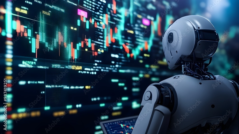 Poster intelligence powered robot analyzing crypto blockchains and decentralized financial markets to ident