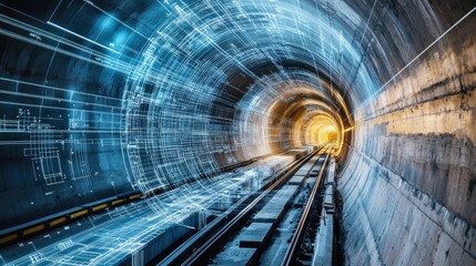 An architect's blueprint overlayed on a photo of an underground subway tunnel, showcasing the engineering and design behind urban transit systems