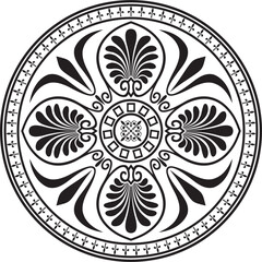 Vector black monochrome classic Greek round ornament. Circle of Ancient Greece and the Roman Empire. Byzantine painting of walls, floors and ceilings. Decoration of European palaces
