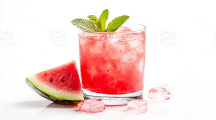 A refreshing watermelon-themed summer drink in a clear glass with ice cubes and a slice of watermelon, garnished with a mint sprig, set against a bright white backdrop