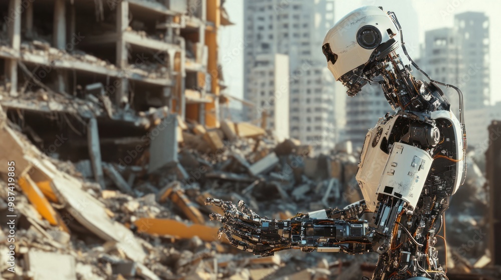 Poster ai robots assisting in collapsed building rescues, using robotic arms and sensors to carefully extra