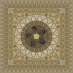 Vector black and gold native american folk ornament. Square pattern, scarf of the peoples of America, Aztec, Incas, Maya