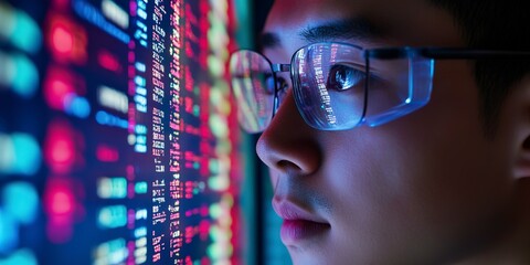 Closeup of a scientist yzing data on a computer screen demonstrating Chinas emphasis on datadriven approaches in biotech innovation.