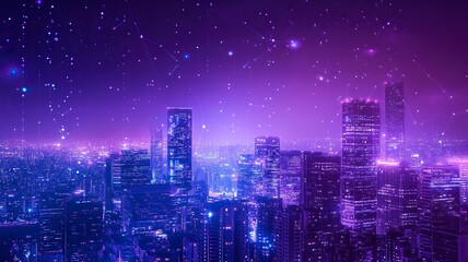 Fototapeta premium Creative glowing purple night city wallpaper with digital data lines all over. Smart city, VR, AI and innovation concept. generative ai