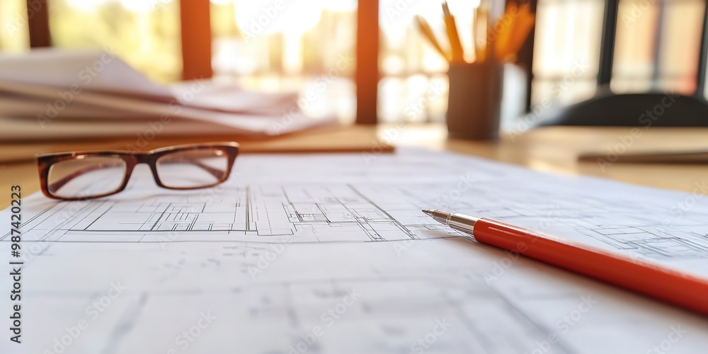 Poster close-up of a construction estimator's desk with project blueprints and cost estimates, showcasing a