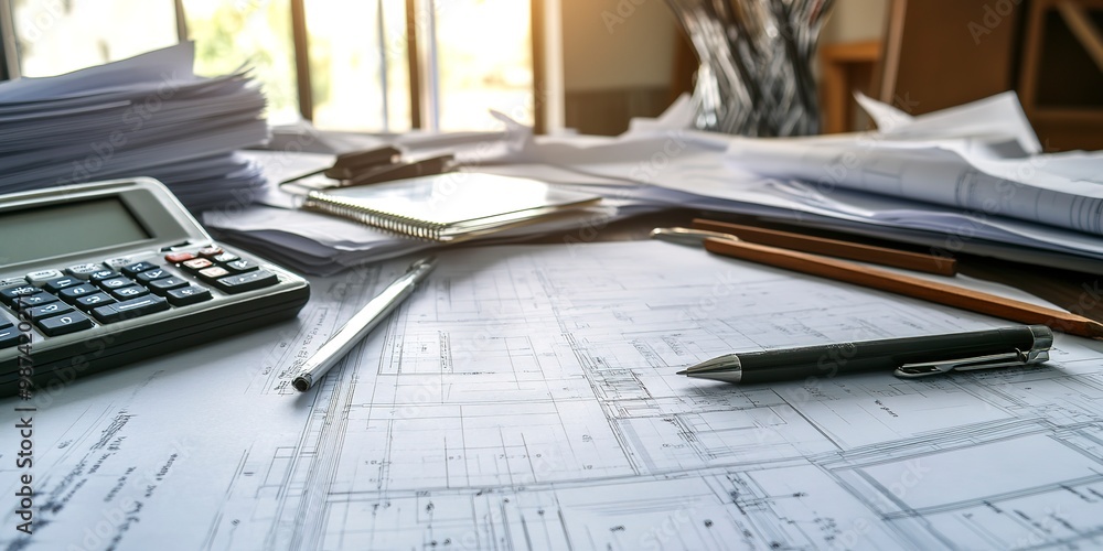 Poster close-up of a construction estimator's desk with project blueprints and cost estimates, showcasing a