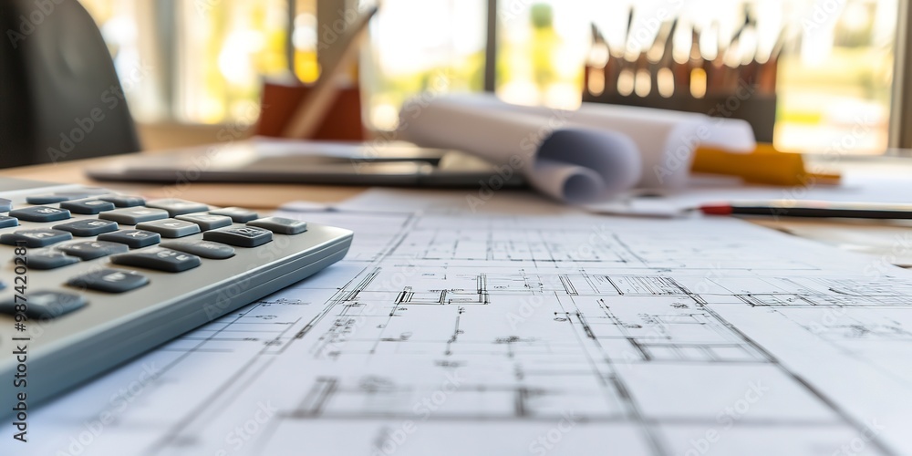 Poster close-up of a construction estimator's desk with project blueprints and cost estimates, showcasing a