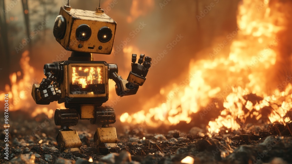 Poster ai robots assisting with disaster relief in fire-stricken areas, using advanced technology to locate