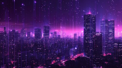 Fototapeta premium Creative glowing purple night city wallpaper with digital data lines all over. Smart city, VR, AI and innovation concept. generative ai