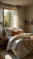 Serene morning bedroom with soft sunlight.