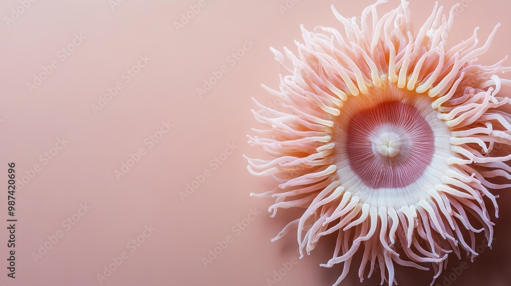 Poster top view of a sea anemone surrounded by a neutral background, creating ample room on the right for a