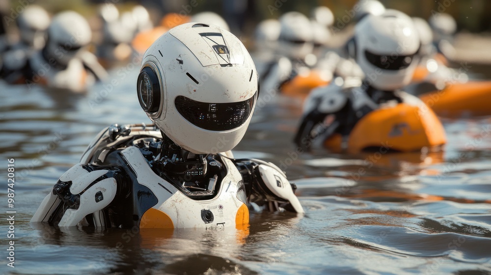 Poster ai robots deployed in flood rescue operations, scanning submerged areas for survivors and guiding re