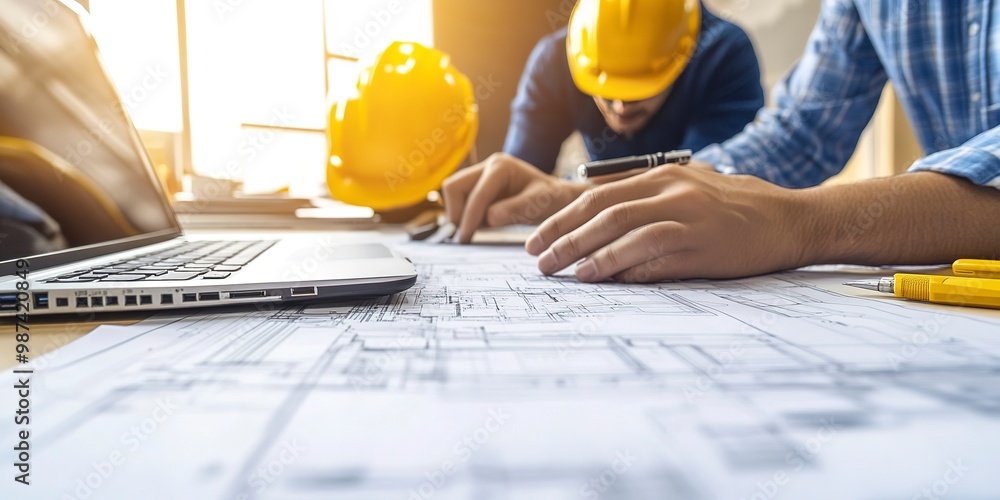 Canvas Prints Close up of two engineers working together on construction plans and using a laptop computer at an office desk.  