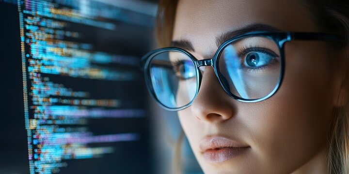 Close up face of professional it specialist female wear glasses using device writing code computer network maintenance.  