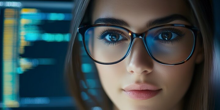 Close up face of professional it specialist female wear glasses using device writing code computer network maintenance.  