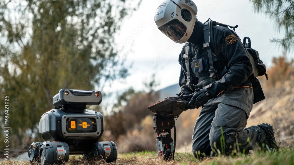 Poster ai robots deployed in natural disaster response operations, helping first responders navigate throug