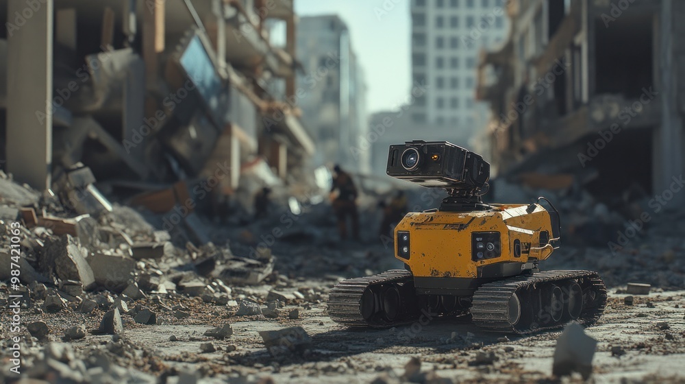 Poster ai robots deployed in natural disaster response operations, helping first responders navigate throug