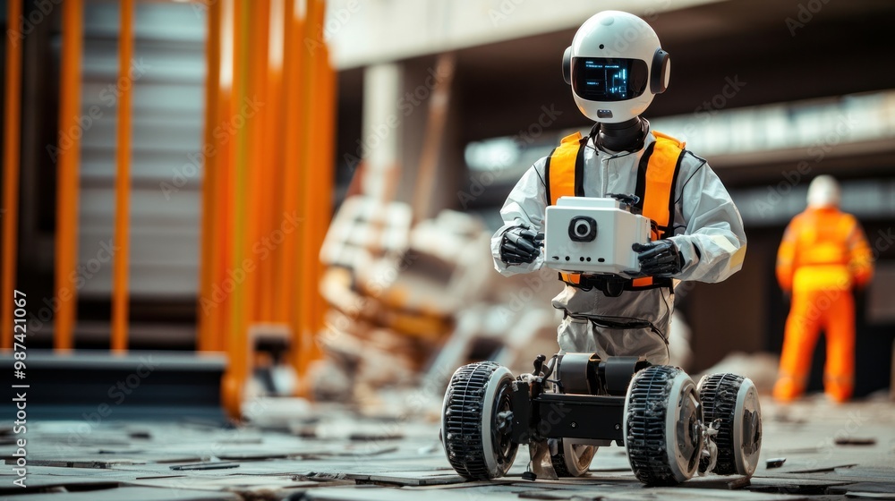Poster ai robots deployed in natural disaster response operations, helping first responders navigate throug