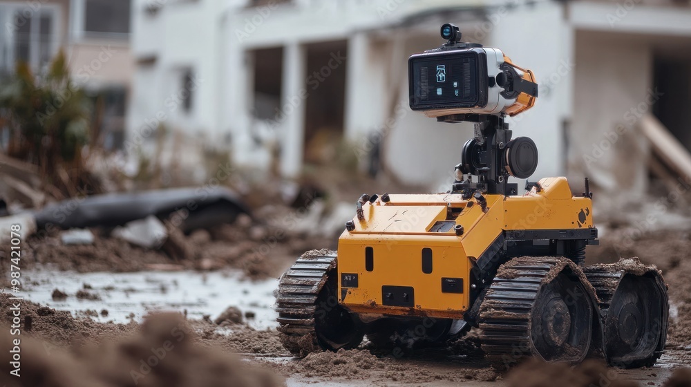 Poster ai robots deployed in natural disaster response operations, helping first responders navigate throug