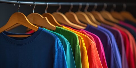 Obraz premium Colorful Shirts Hanging on Hangers in Arrangement