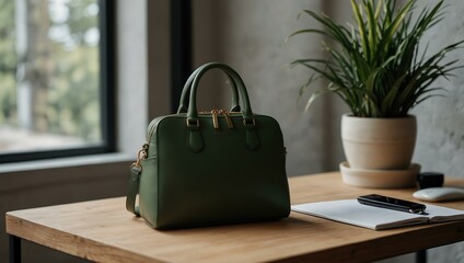 Serene workspace with a stylish bag and green plant for inspiration.